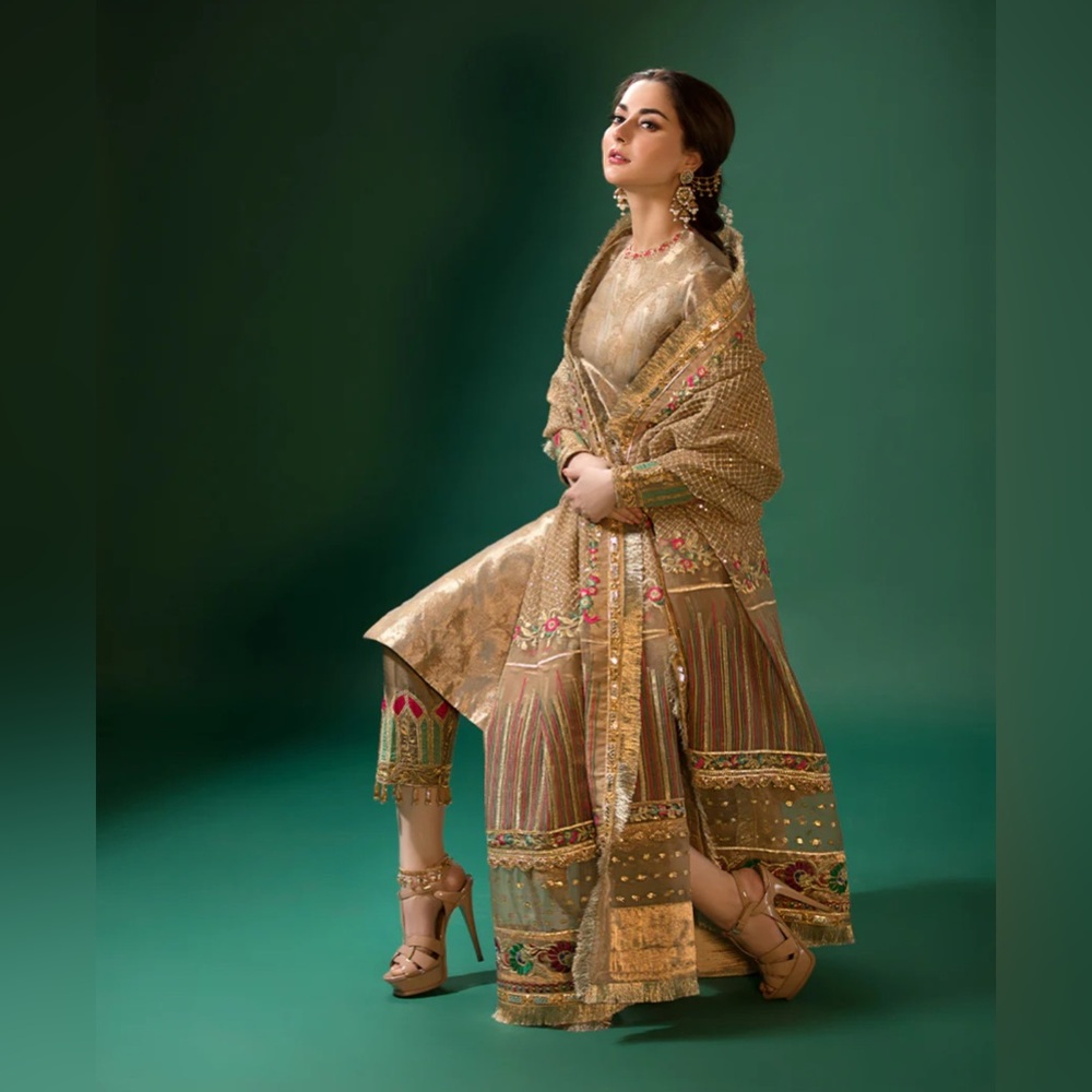 Elegant Gold and Multicolor Embroidered Outfit FAIZA SAQLAIN